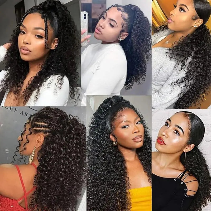Extensions de queue de cheval bouclées vague profonde cordon queue de cheval pour les femmes noires cheveux humains avec pince en queue de cheval épaisse cheveux naturels # 1B