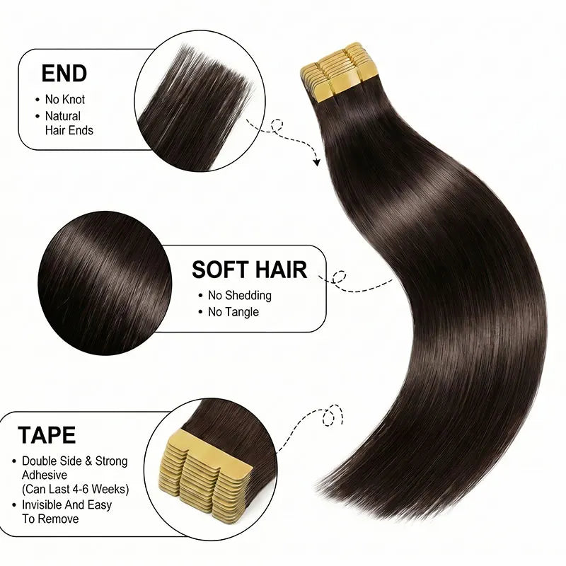Extensions de cheveux à bandes adhésives (Tape-In) – cheveux humains, invisibles et sans couture, 21 pièces par paquet, 50 g, couleur brun foncé brésilien, 16 à 22 pouces, lisses Remy 100 % cheveux humains