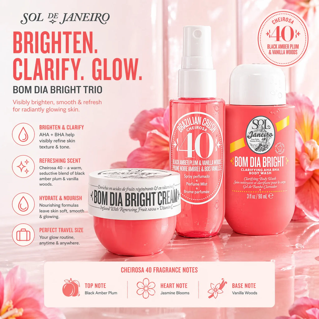 Coffret cadeau de soins corporels Sol de Janeiro Bum Bum Jet Set en format voyage - Gel douche hydratant, crème raffermissante et brume parfumée
