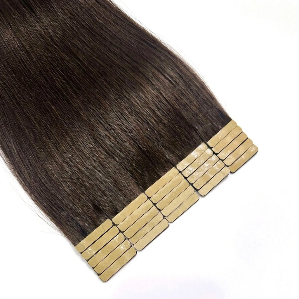 Extensions de cheveux à bandes adhésives (Tape-In) – cheveux humains, invisibles et sans couture, 21 pièces par paquet, 50 g, couleur brun foncé brésilien, 16 à 22 pouces, lisses Remy 100 % cheveux humains