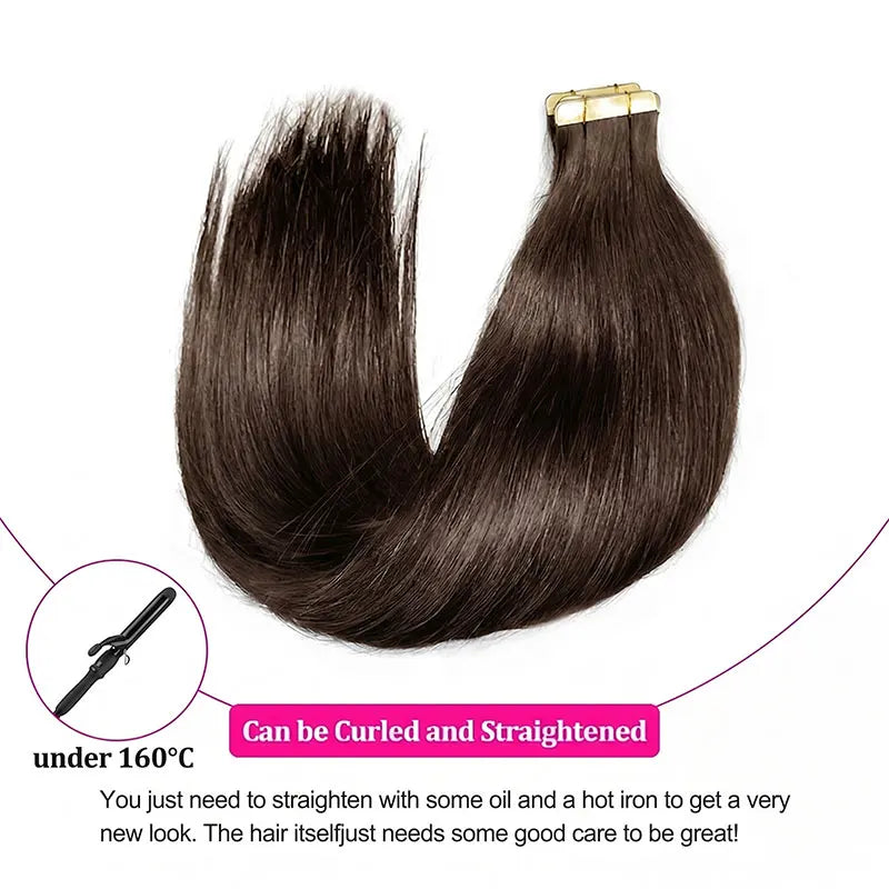 Extensions de cheveux à bandes adhésives (Tape-In) – cheveux humains, invisibles et sans couture, 21 pièces par paquet, 50 g, couleur brun foncé brésilien, 16 à 22 pouces, lisses Remy 100 % cheveux humains