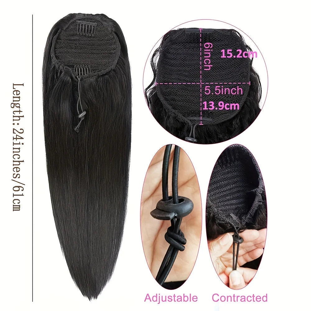 Queue de cheval droite en cheveux humains, extension 100 % cheveux humains vierges, à enrouler avec cordon de serrage, à clipser, noir naturel 1B pour femmes