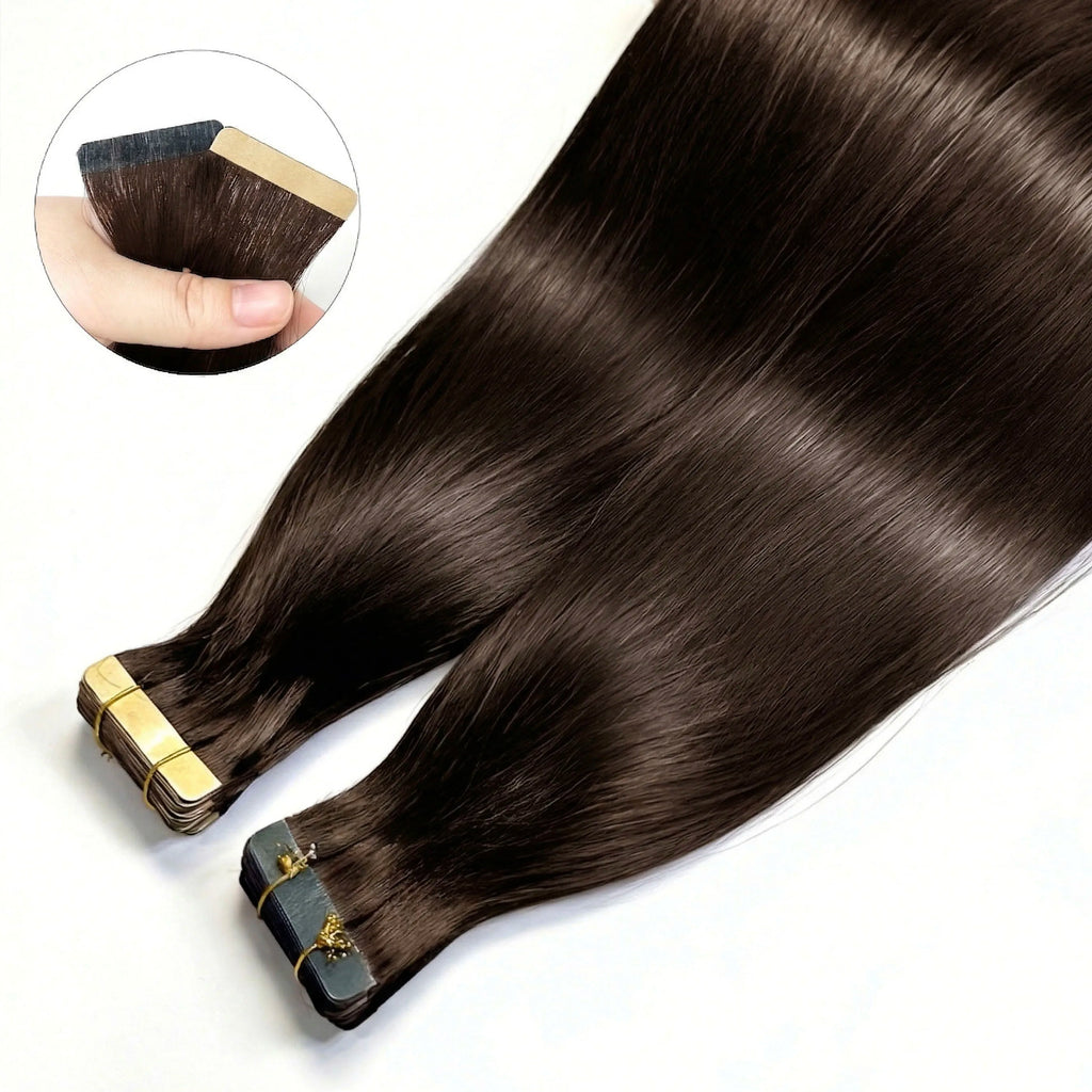 Extensions de cheveux à bandes adhésives (Tape-In) – cheveux humains, invisibles et sans couture, 21 pièces par paquet, 50 g, couleur brun foncé brésilien, 16 à 22 pouces, lisses Remy 100 % cheveux humains