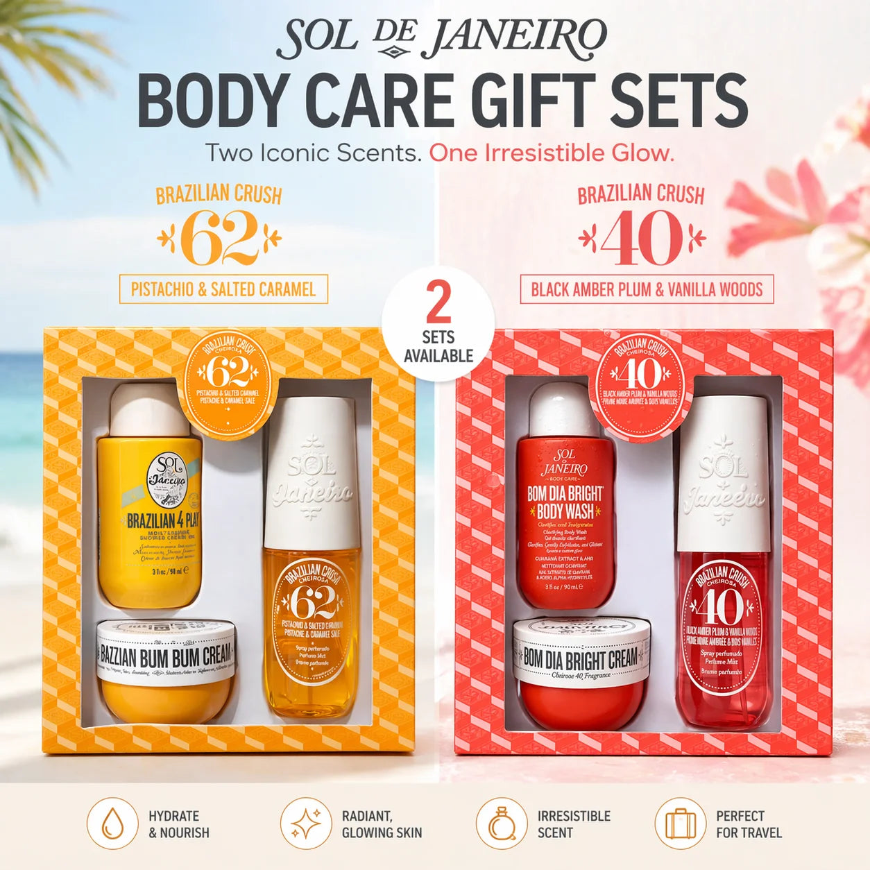Coffret cadeau de soins corporels Sol de Janeiro Bum Bum Jet Set en format voyage - Gel douche hydratant, crème raffermissante et brume parfumée