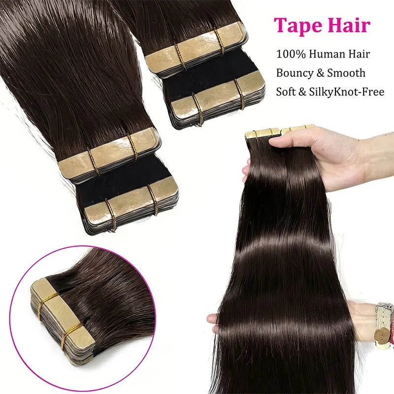 Extensions de cheveux à bandes adhésives (Tape-In) – cheveux humains, invisibles et sans couture, 21 pièces par paquet, 50 g, couleur brun foncé brésilien, 16 à 22 pouces, lisses Remy 100 % cheveux humains
