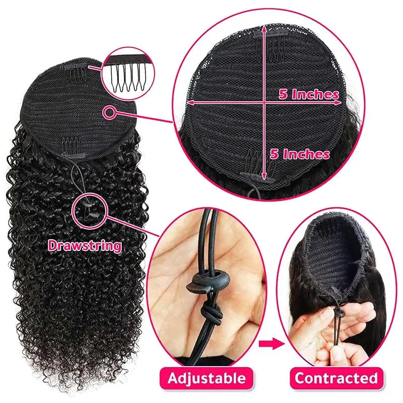 Extensions de queue de cheval bouclées vague profonde cordon queue de cheval pour les femmes noires cheveux humains avec pince en queue de cheval épaisse cheveux naturels # 1B