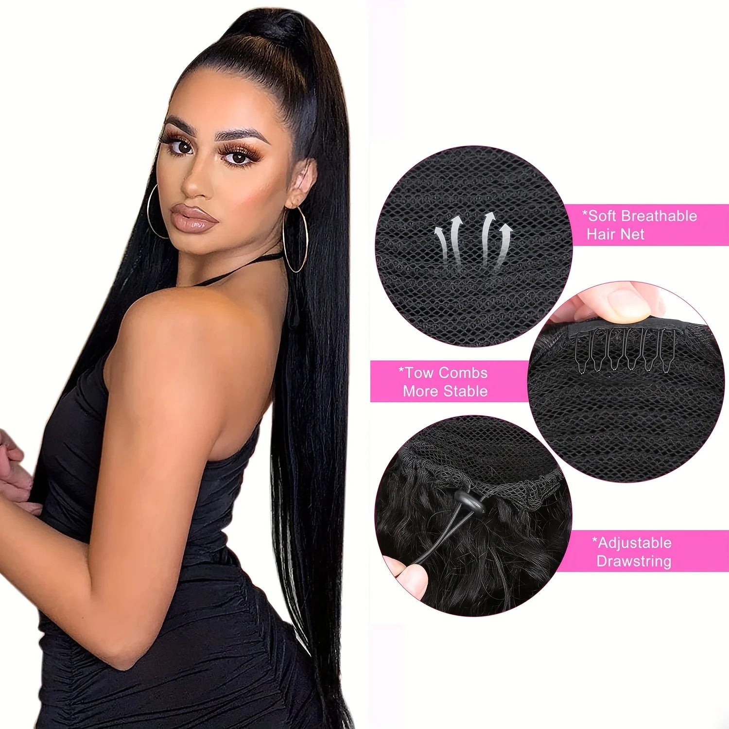 Queue de cheval droite en cheveux humains, extension 100 % cheveux humains vierges, à enrouler avec cordon de serrage, à clipser, noir naturel 1B pour femmes