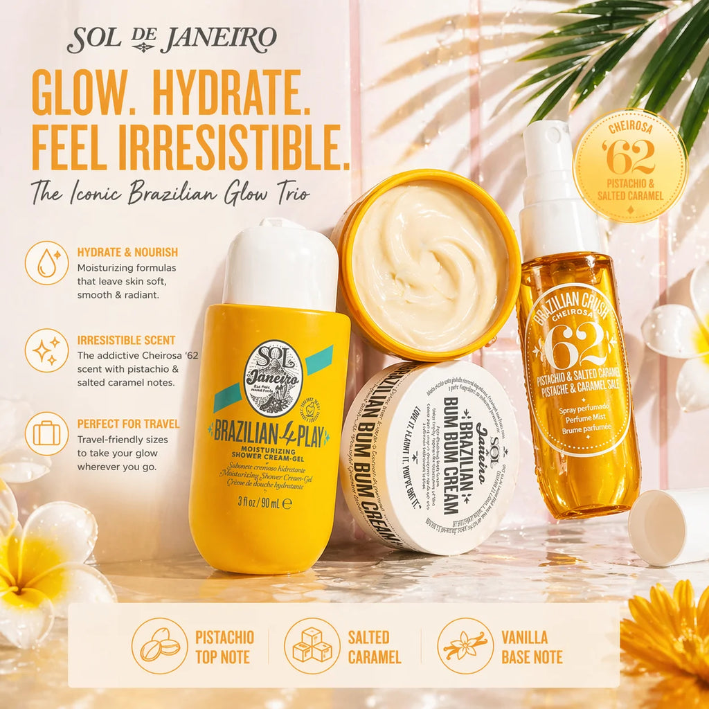 Coffret cadeau de soins corporels Sol de Janeiro Bum Bum Jet Set en format voyage - Gel douche hydratant, crème raffermissante et brume parfumée