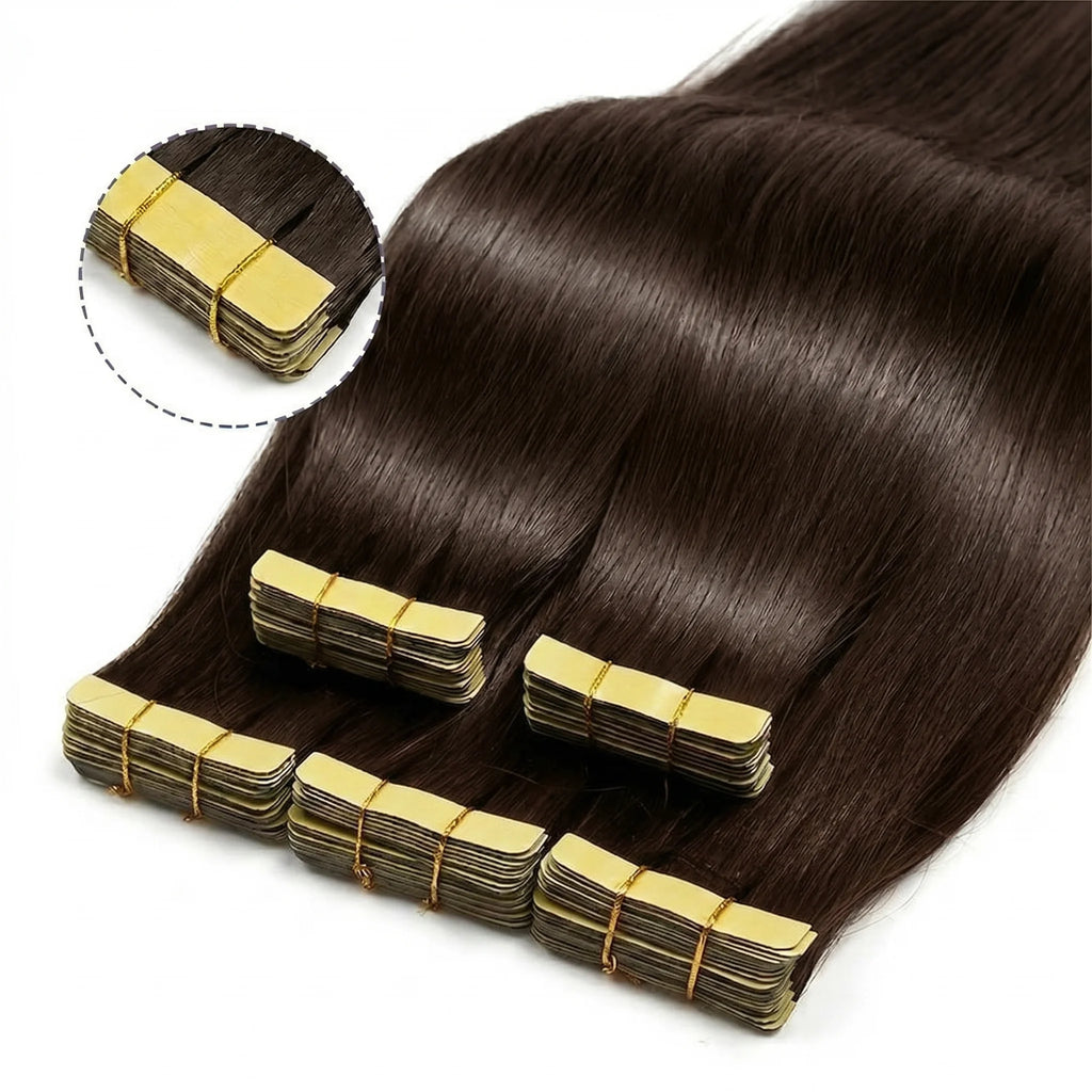 Extensions de cheveux à bandes adhésives (Tape-In) – cheveux humains, invisibles et sans couture, 21 pièces par paquet, 50 g, couleur brun foncé brésilien, 16 à 22 pouces, lisses Remy 100 % cheveux humains