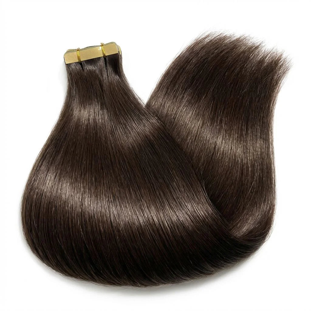 Extensions de cheveux à bandes adhésives (Tape-In) – cheveux humains, invisibles et sans couture, 21 pièces par paquet, 50 g, couleur brun foncé brésilien, 16 à 22 pouces, lisses Remy 100 % cheveux humains