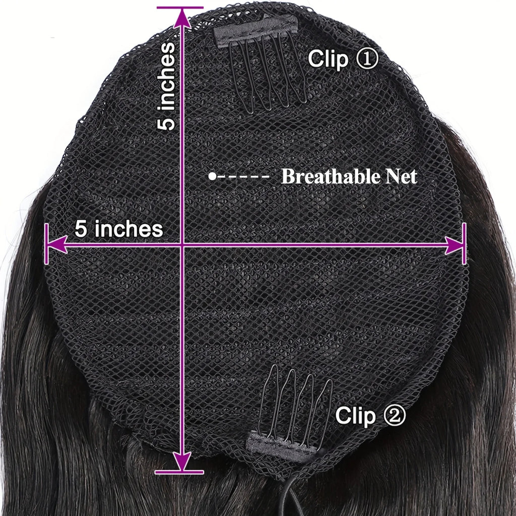 Queue de cheval droite en cheveux humains, extension 100 % cheveux humains vierges, à enrouler avec cordon de serrage, à clipser, noir naturel 1B pour femmes