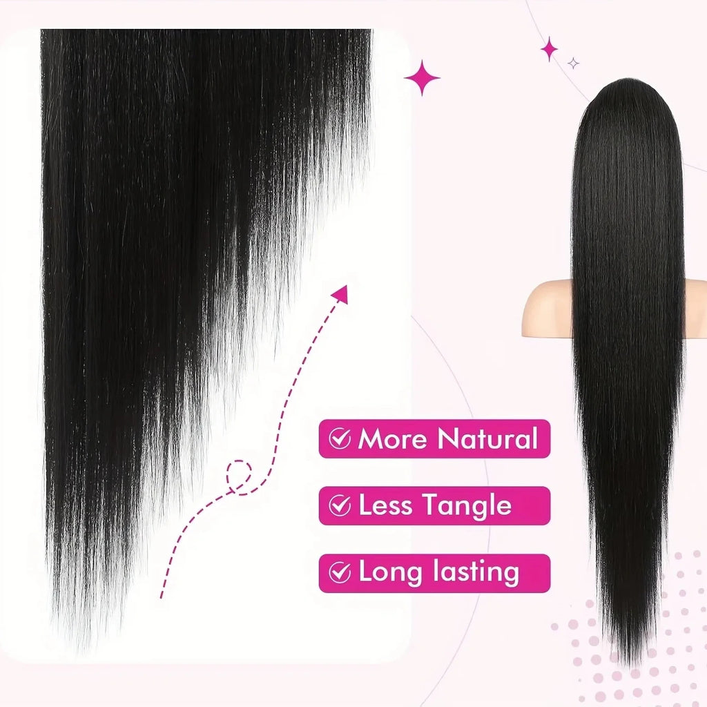 Queue de cheval droite en cheveux humains, extension 100 % cheveux humains vierges, à enrouler avec cordon de serrage, à clipser, noir naturel 1B pour femmes