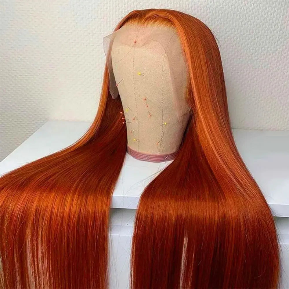 Perruque Lace Front Cheveux Humains Raides Orange Cuivré (Ginger Orange) – Coloration 350, Dentelle HD Transparente 13x4 Pré-Épilée pour Femme