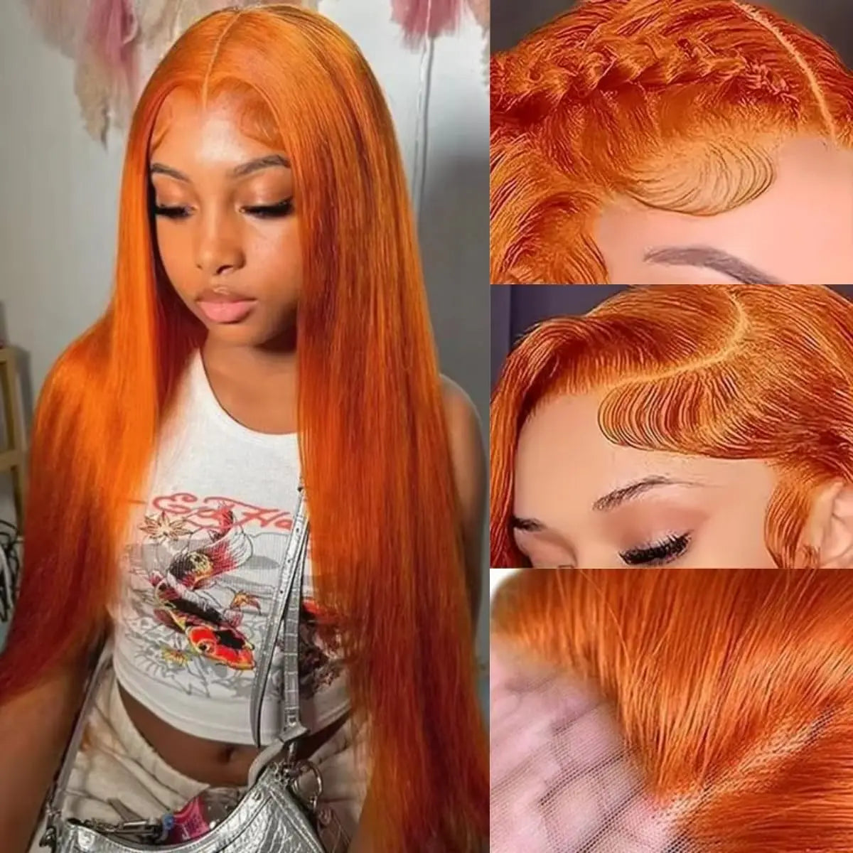 Perruque Lace Front Cheveux Humains Raides Orange Cuivré (Ginger Orange) – Coloration 350, Dentelle HD Transparente 13x4 Pré-Épilée pour Femme