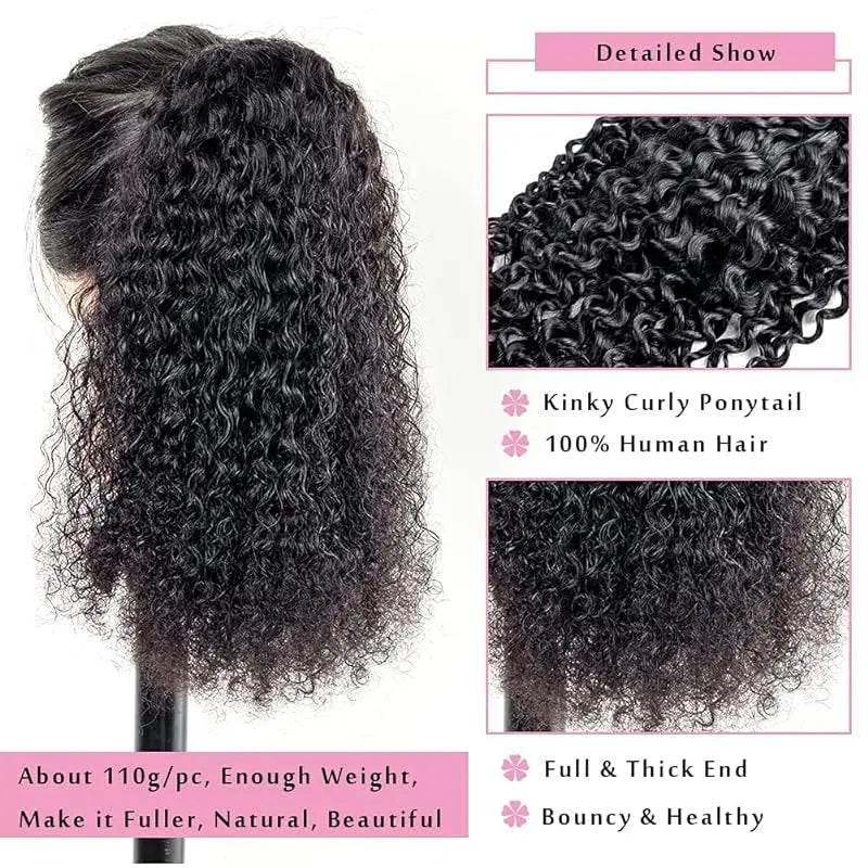 Extensions de queue de cheval bouclées vague profonde cordon queue de cheval pour les femmes noires cheveux humains avec pince en queue de cheval épaisse cheveux naturels # 1B