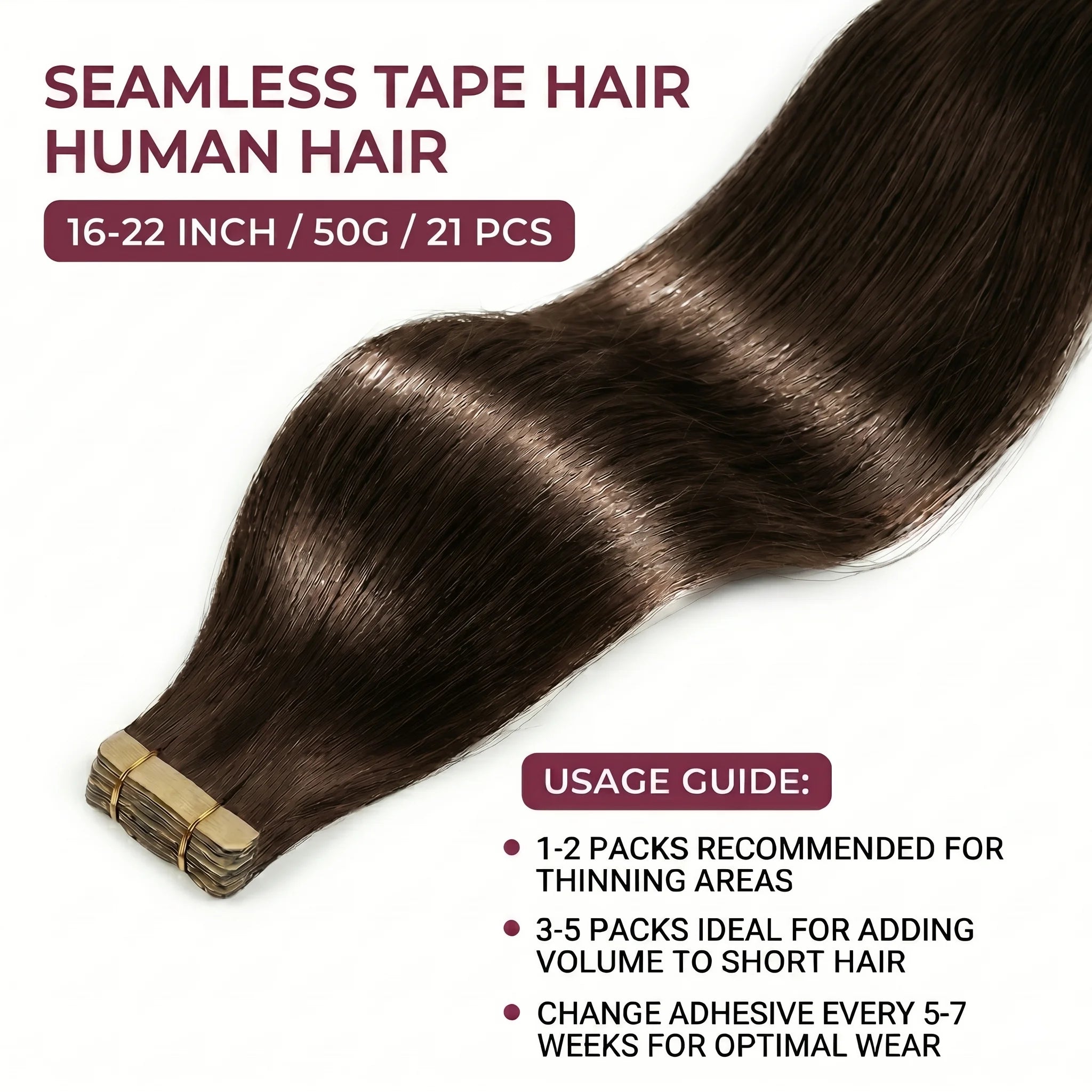 Extensions de cheveux à bandes adhésives (Tape-In) – cheveux humains, invisibles et sans couture, 21 pièces par paquet, 50 g, couleur brun foncé brésilien, 16 à 22 pouces, lisses Remy 100 % cheveux humains