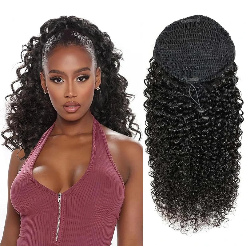 Extensions de queue de cheval bouclées vague profonde cordon queue de cheval pour les femmes noires cheveux humains avec pince en queue de cheval épaisse cheveux naturels # 1B