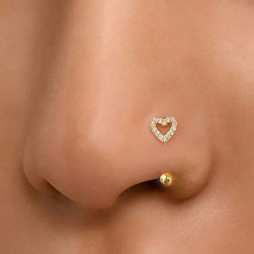 Anneau de nez en forme de cœur en Zircon, bijoux de perçage en acier inoxydable plaqué or 14K pour femmes, accessoire de perçage corporel à usage quotidien, 1 pièce