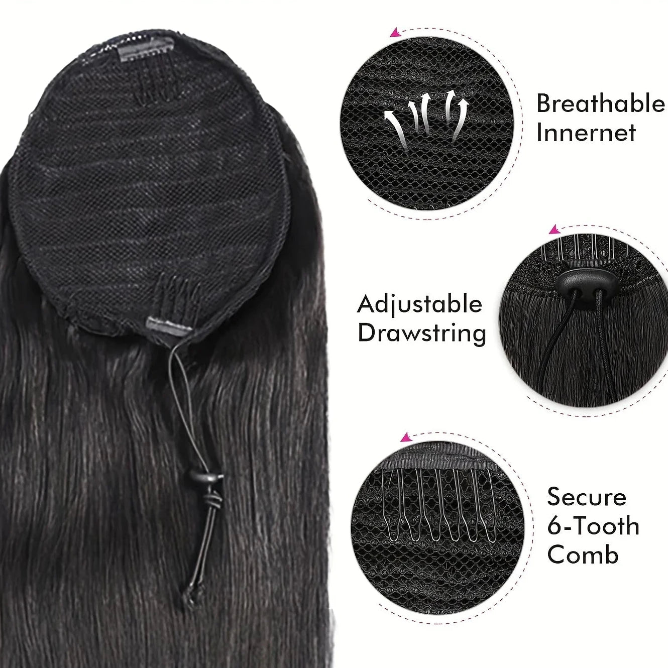Queue de cheval droite en cheveux humains, extension 100 % cheveux humains vierges, à enrouler avec cordon de serrage, à clipser, noir naturel 1B pour femmes