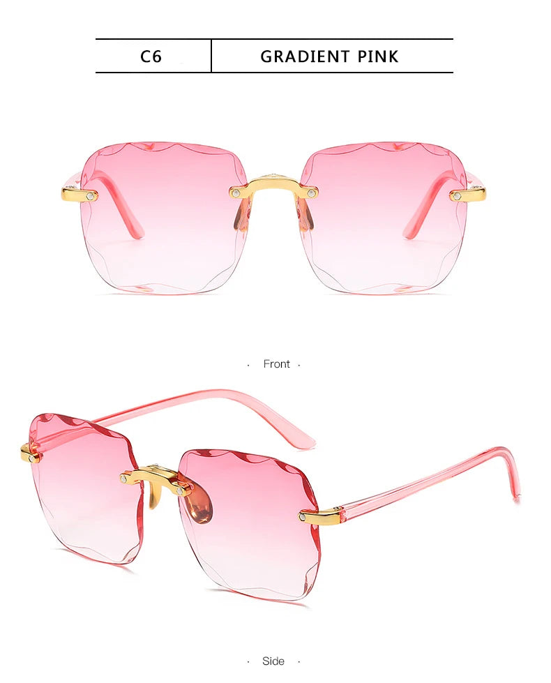 Lunettes de soleil carrées sans monture pour femmes, au style luxueux et tendance. Modèle de créateur avec verres rouges, adapté également aux hommes. Protection UV400 contre les rayons ultraviolets, idéale pour l’été et les activités en extérieur.