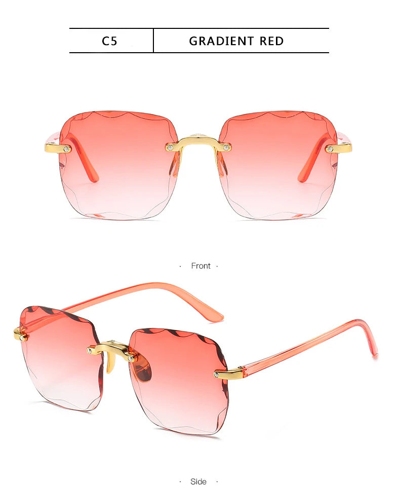 Lunettes de soleil carrées sans monture pour femmes, au style luxueux et tendance. Modèle de créateur avec verres rouges, adapté également aux hommes. Protection UV400 contre les rayons ultraviolets, idéale pour l’été et les activités en extérieur.