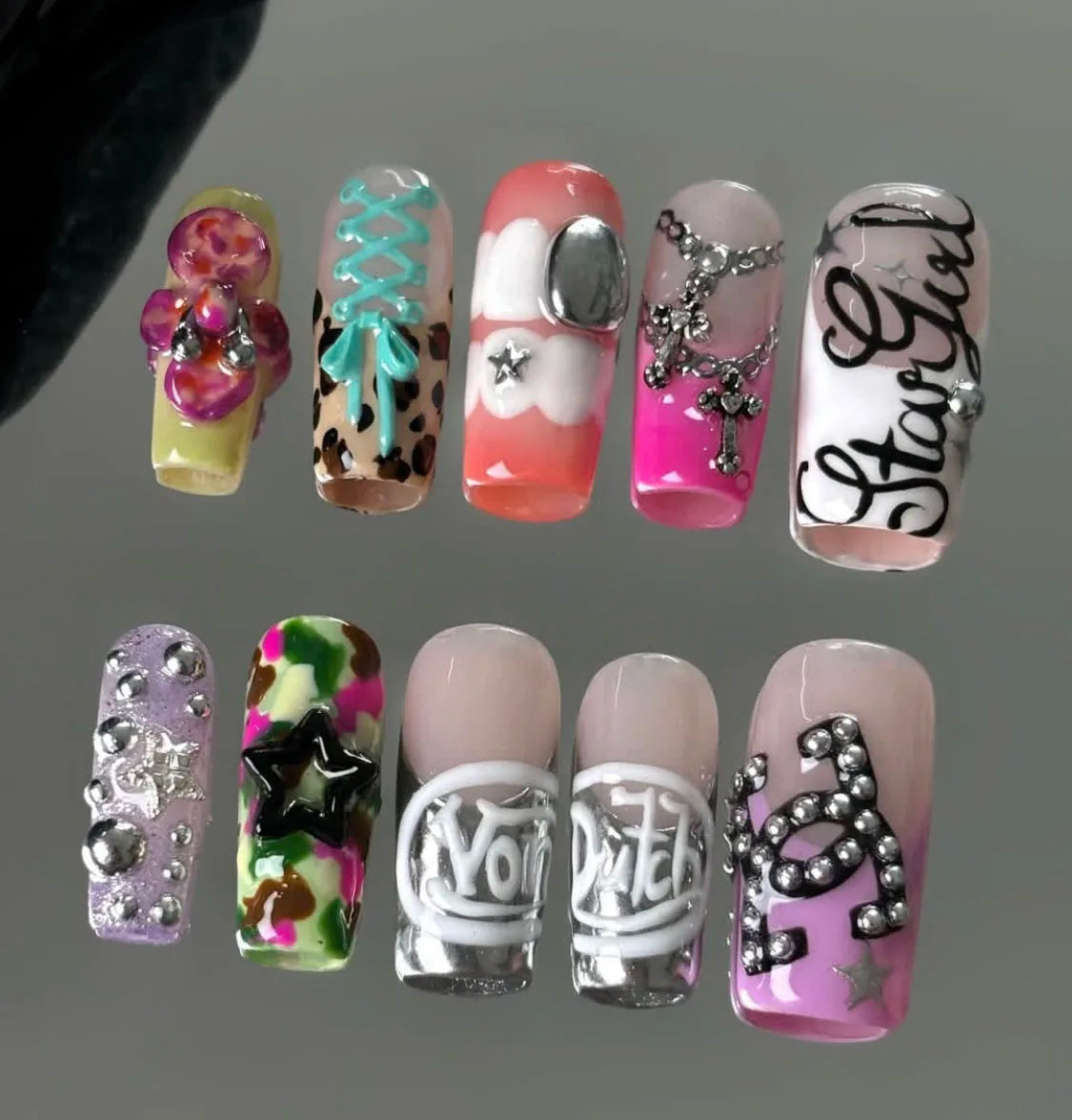 Lot de 10 faux ongles amande pour femme, peints à la main, personnalisables, Press