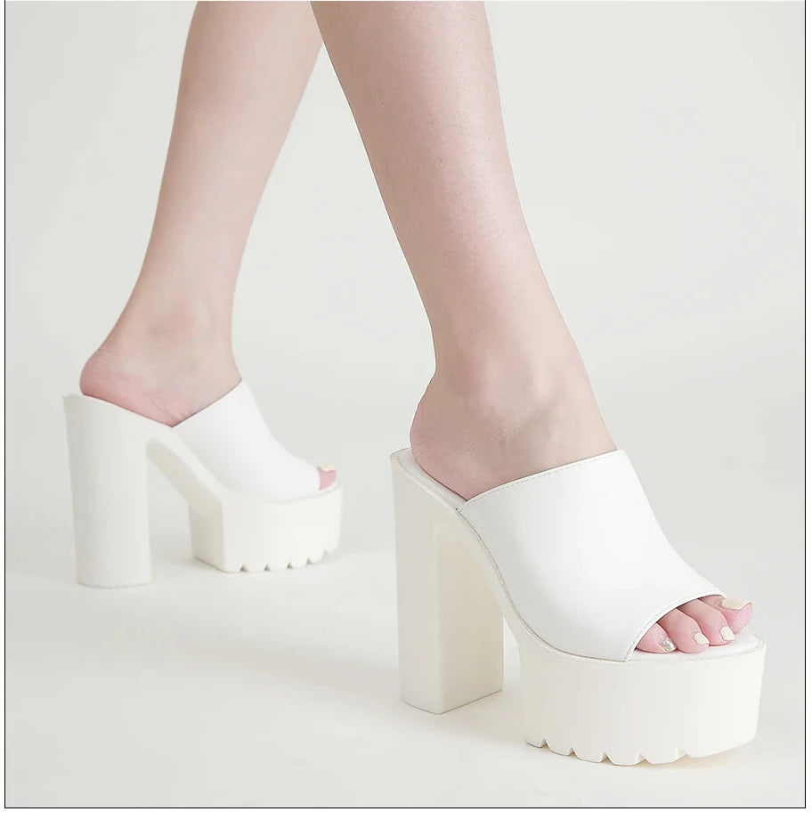 Gdgydh – Mules à talon carré plateforme pour femme, sandales d’extérieur, chaussons à enfiler bout ouvert, sandales slingback noires ou blanches, grande qualité