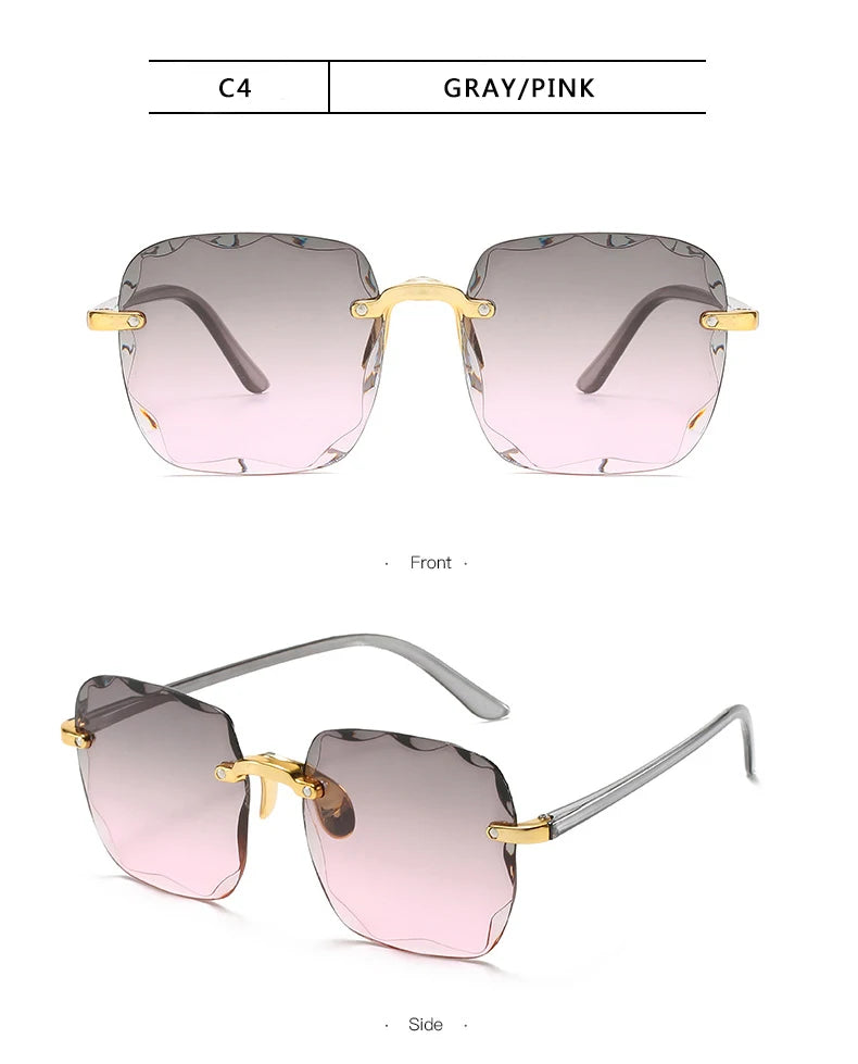 Lunettes de soleil carrées sans monture pour femmes, au style luxueux et tendance. Modèle de créateur avec verres rouges, adapté également aux hommes. Protection UV400 contre les rayons ultraviolets, idéale pour l’été et les activités en extérieur.