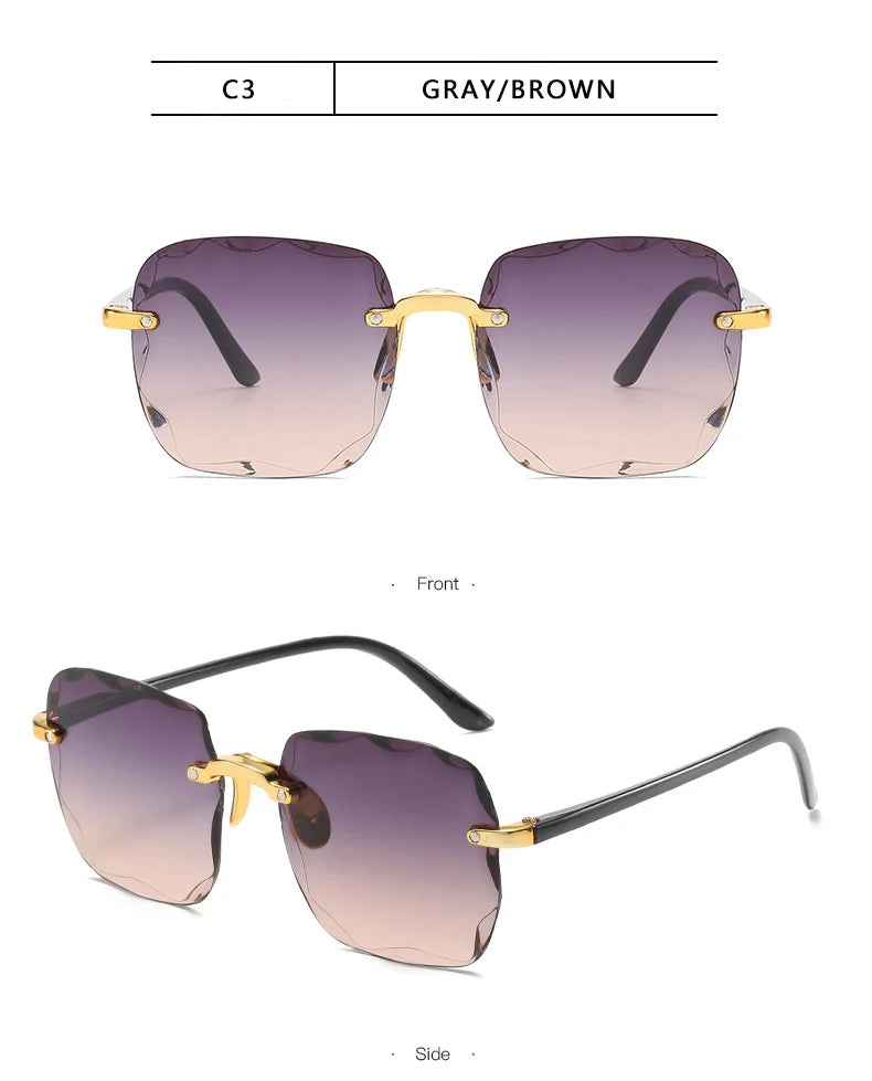 Lunettes de soleil carrées sans monture pour femmes, au style luxueux et tendance. Modèle de créateur avec verres rouges, adapté également aux hommes. Protection UV400 contre les rayons ultraviolets, idéale pour l’été et les activités en extérieur.