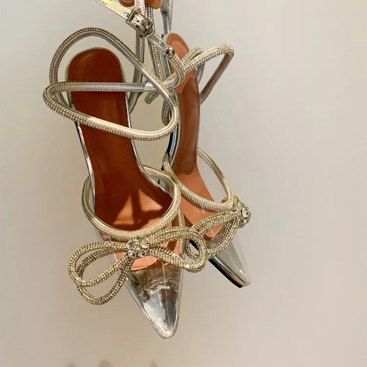 Chaussures élégantes en PVC transparent avec nœud papillon, lanière à la cheville en cristal, bout pointu, chaussures de soirée de mariage, escarpins à talons hauts pour femmes