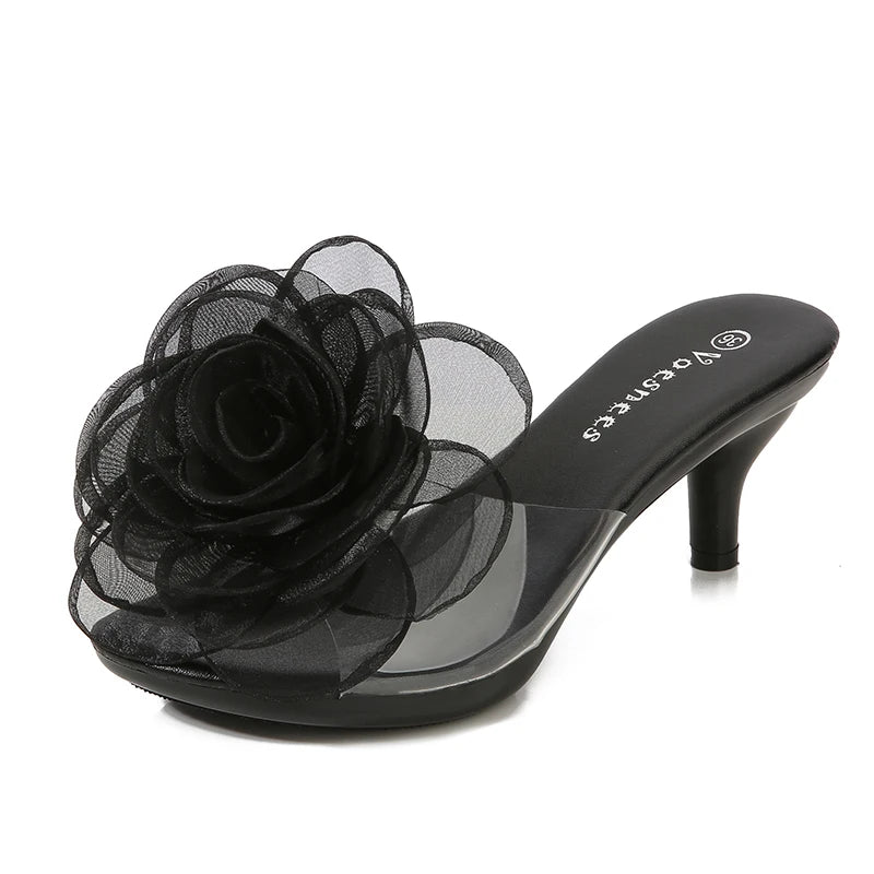 Claquettes à fleurs en relief – Sandales d’été transparentes, chaussures de plage à talons fins, chaussures à talons hauts style cristal pour défilé et soirée femme
