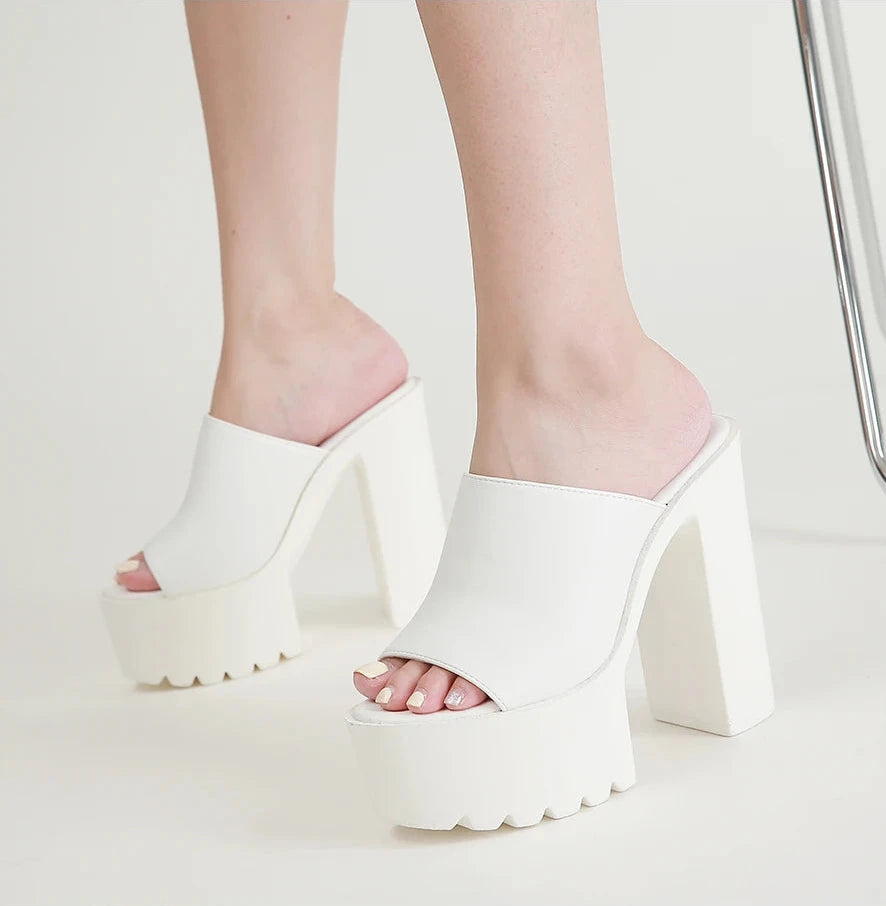 Gdgydh – Mules à talon carré plateforme pour femme, sandales d’extérieur, chaussons à enfiler bout ouvert, sandales slingback noires ou blanches, grande qualité