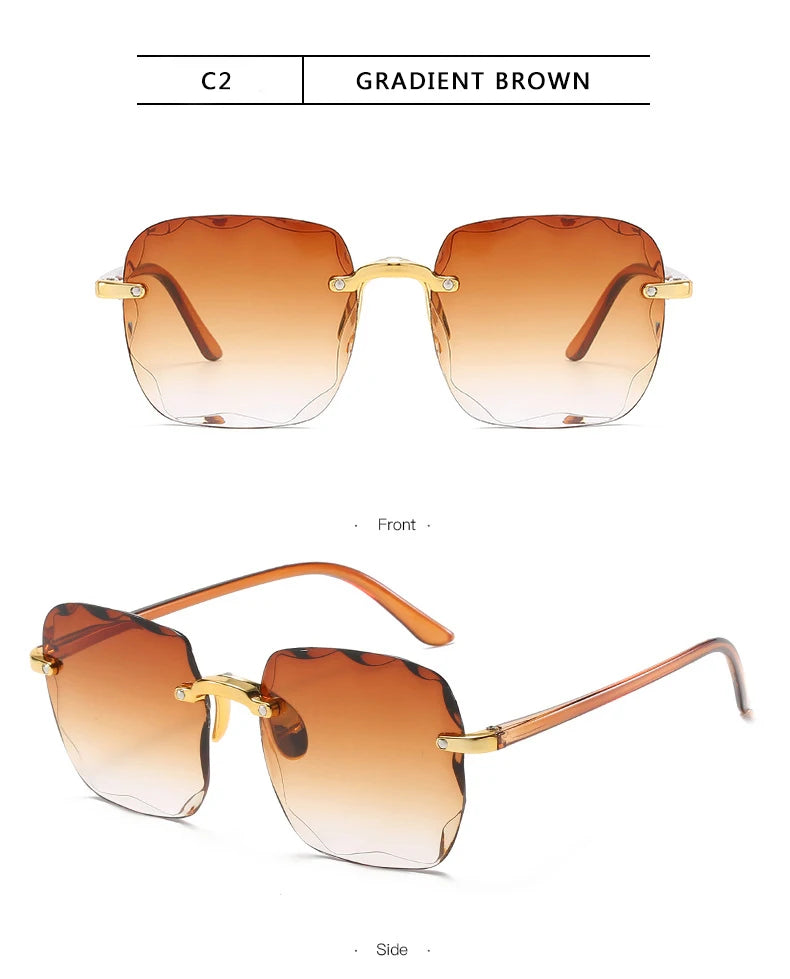 Lunettes de soleil carrées sans monture pour femmes, au style luxueux et tendance. Modèle de créateur avec verres rouges, adapté également aux hommes. Protection UV400 contre les rayons ultraviolets, idéale pour l’été et les activités en extérieur.