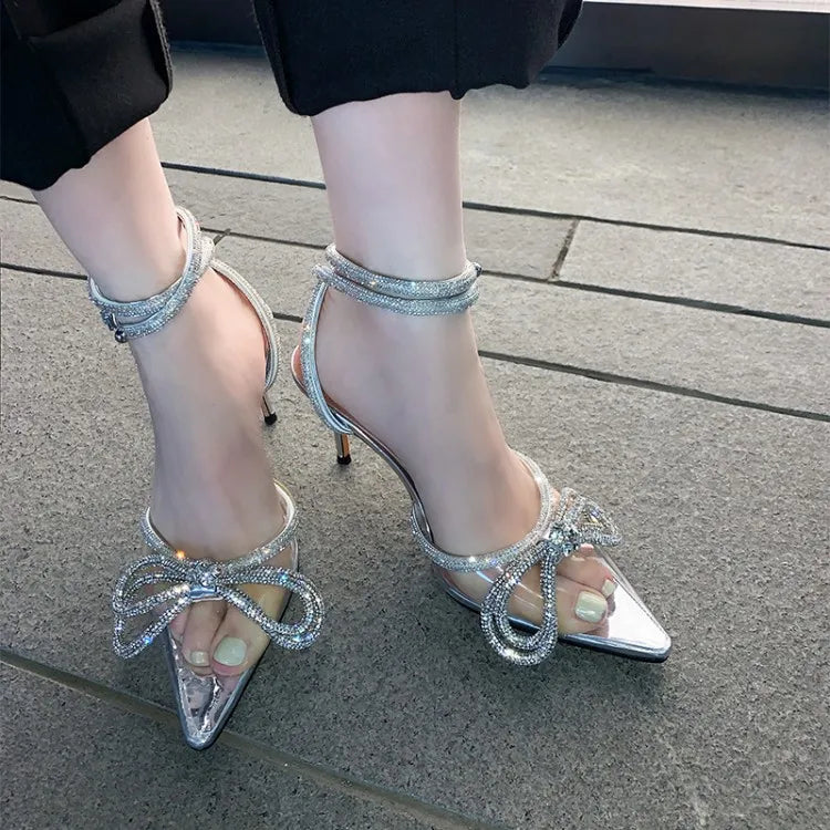 Chaussures élégantes en PVC transparent avec nœud papillon, lanière à la cheville en cristal, bout pointu, chaussures de soirée de mariage, escarpins à talons hauts pour femmes