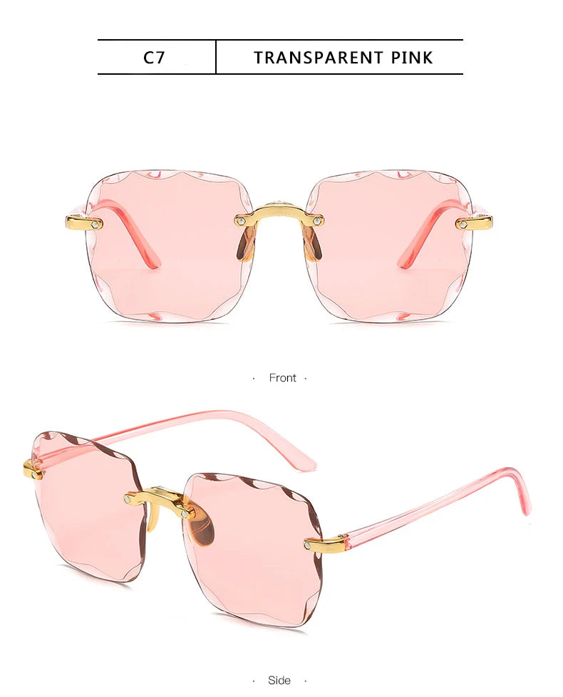 Lunettes de soleil carrées sans monture pour femmes, au style luxueux et tendance. Modèle de créateur avec verres rouges, adapté également aux hommes. Protection UV400 contre les rayons ultraviolets, idéale pour l’été et les activités en extérieur.