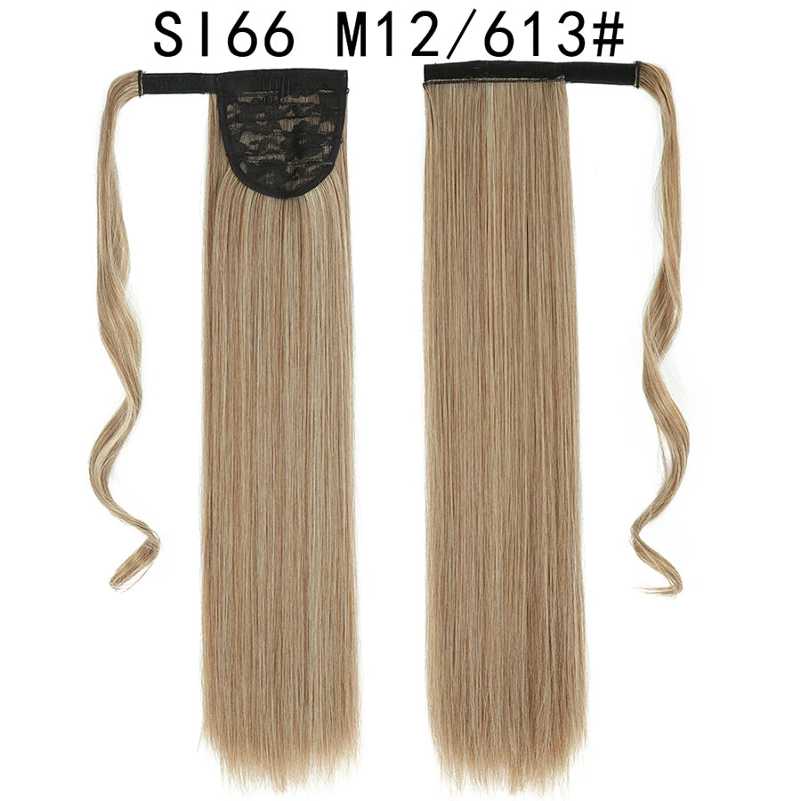 Queue de cheval synthétique longue et droite de 22 pouces, extension de cheveux à enrouler avec clip, résistante à la chaleur, postiche blond
