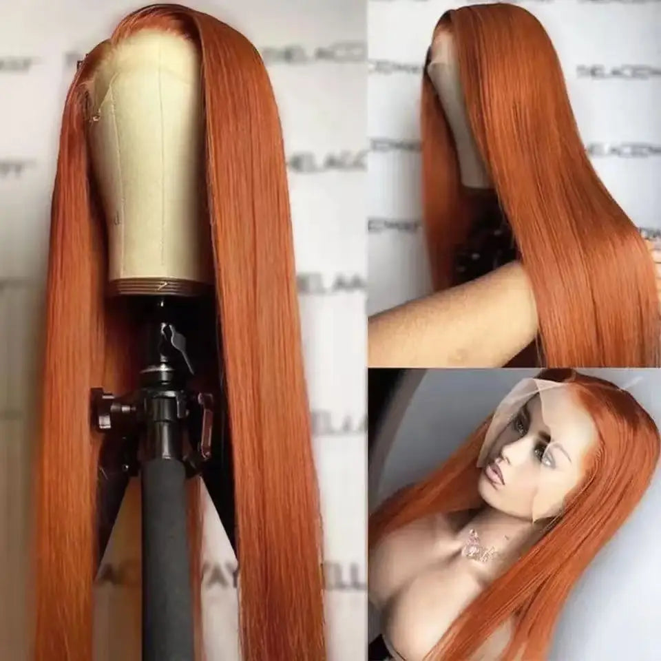 Perruque lace front synthétique lisse couleur Ginger Orange et Blond Miel – 13x4x1 pour femme, fibre résistante à la chaleur, usage quotidien, soirée et mariage