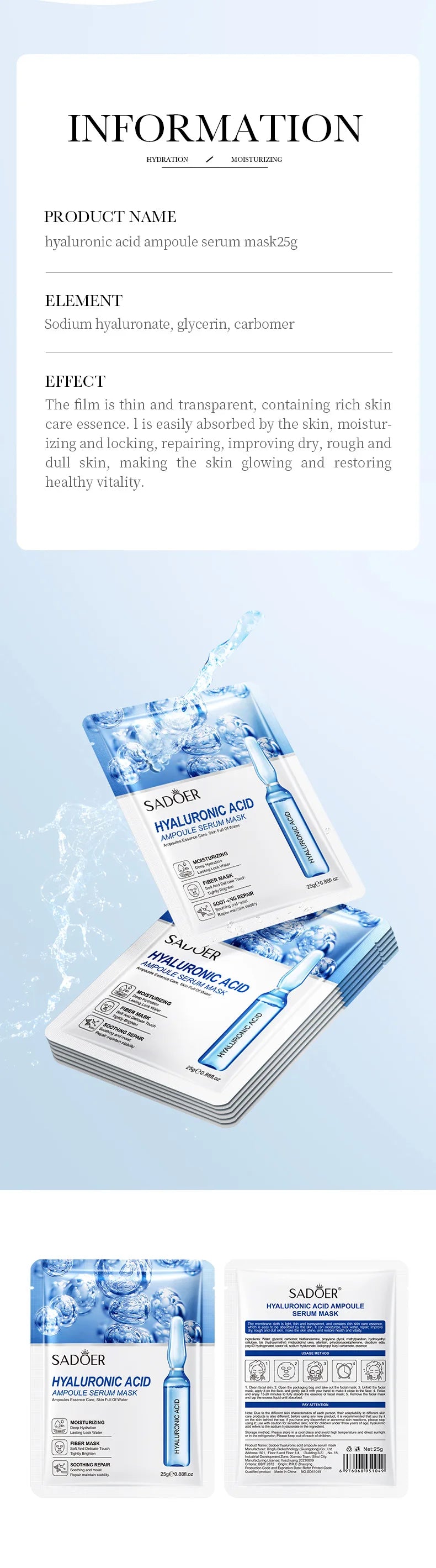 10 pièces SAODER acide hyaluronique masques pour le visage soins de la peau raffermissant hydratant masque Facial produits de soins de la peau du visage