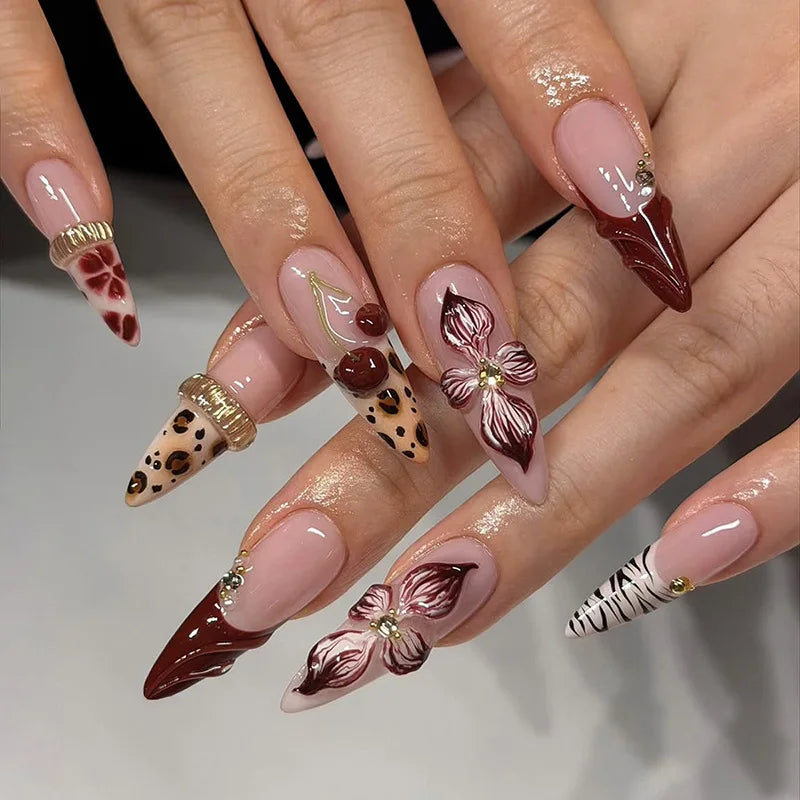 24 pièces arc faux ongles blanc français Long Stiletto faux ongles pointe fleur perle conception amande presse sur ongles acrylique couverture complète ongles