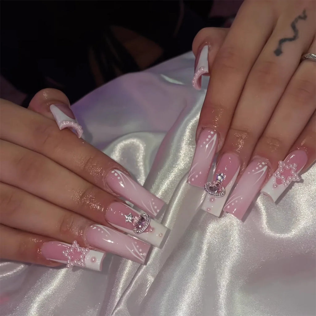 24 pièces – faux ongles longs carrés style français, design cœur 3D, ongles press-on avec strass, motif décoratif, faux ongles portables pour nail art