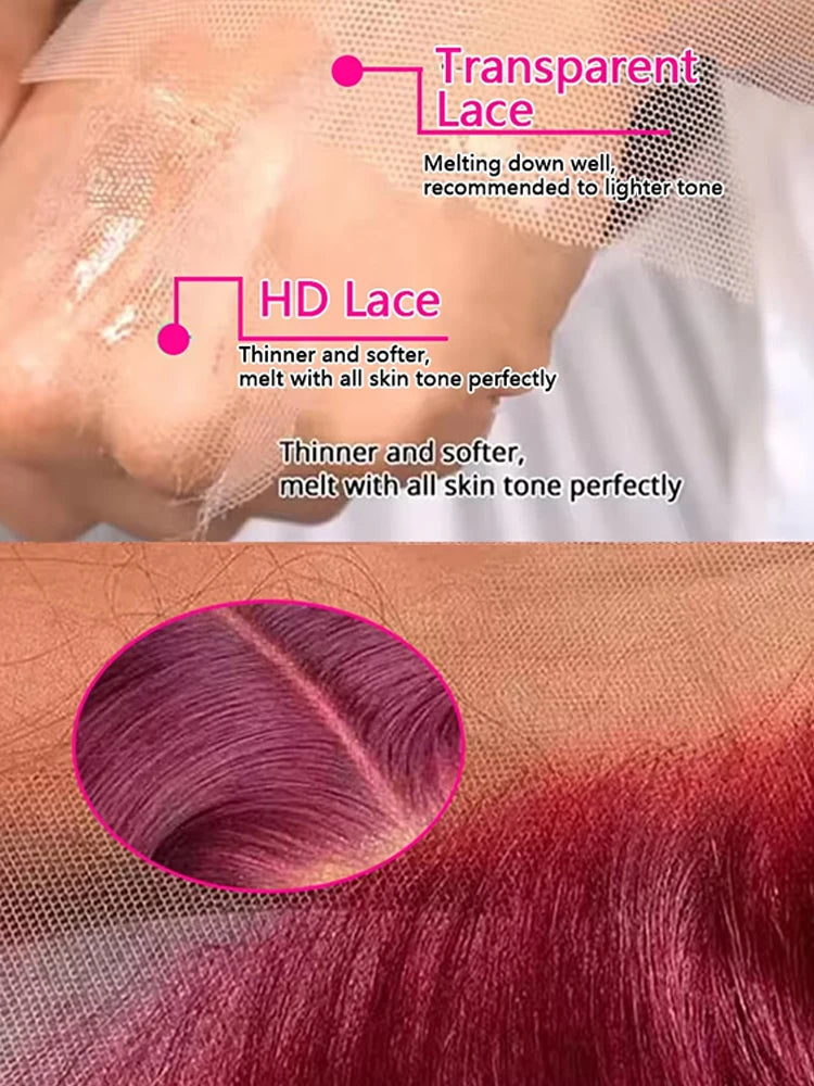 Sublime perruque bordeaux 99J en cheveux humains 100 % naturels avec texture Body Wave. Dentelle HD 13x4 ou 13x6 pour un effet cuir chevelu ultra réaliste. Ligne capillaire pré-épilée pour un rendu naturel, densité 200 %