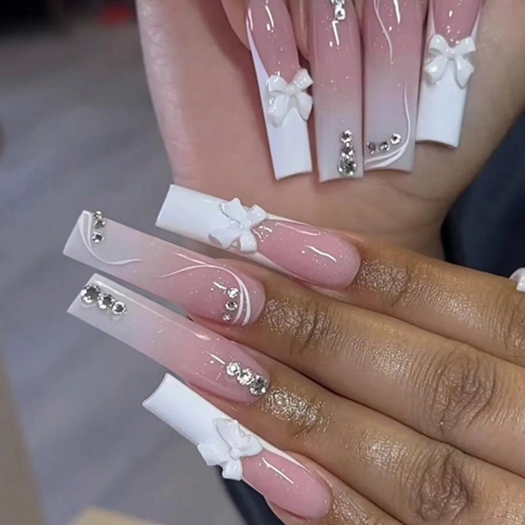 24 faux ongles longs carrés à presser, motif léopard, design cerise 3D, strass, couvrance totale, prêts à poser