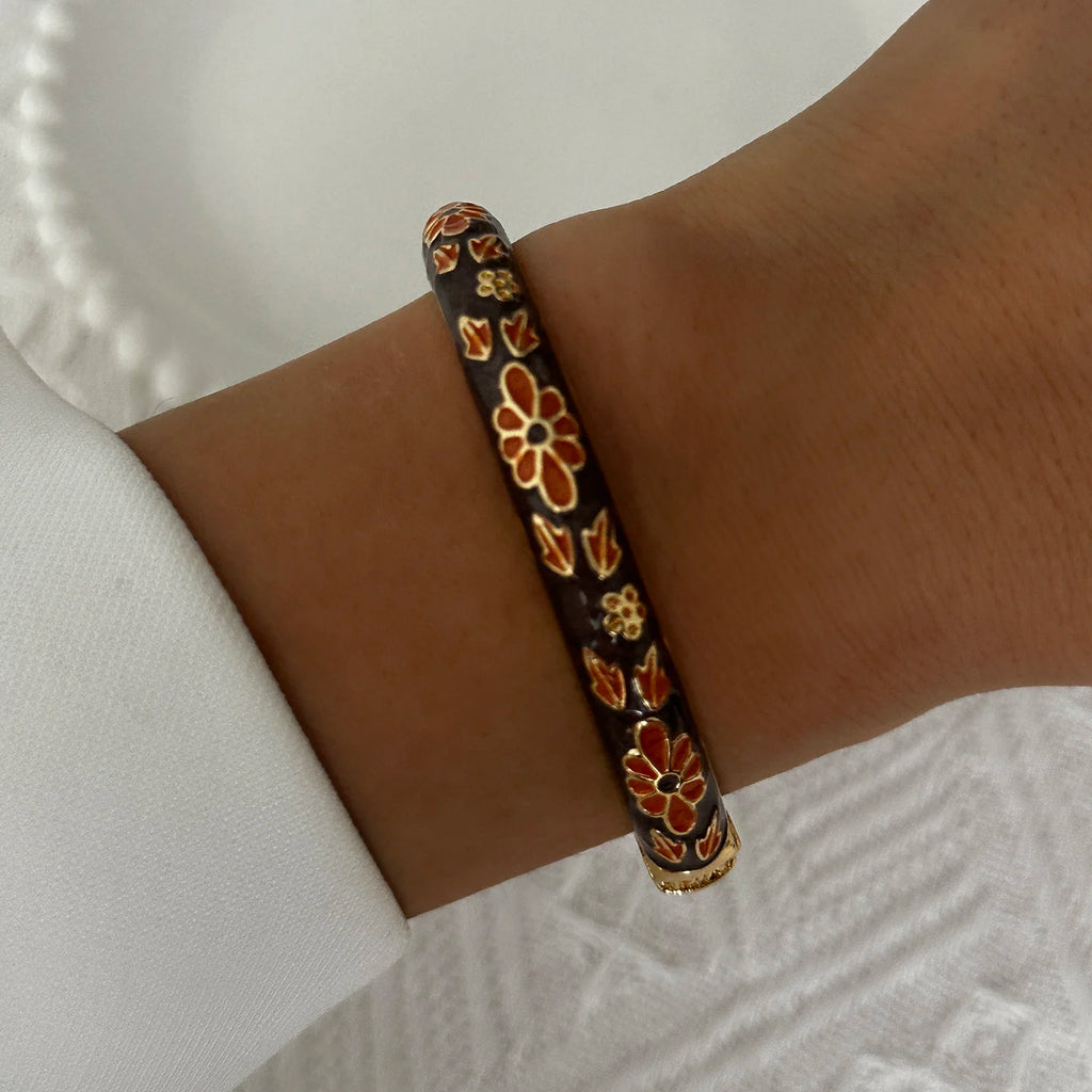 Bracelet élégant en émail goutte d'eau à texture florale pour femme, plaqué or rétro, avec zircon floral et motif œil porte-bonheur, bijou de fête