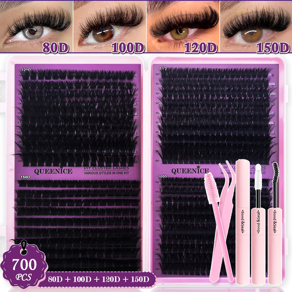 Kit d’extensions de cils DIY en bouquets – Faux cils individuels à poser soi-même, longueurs de 9 à 16 mm. Effet léger et naturel (wispy). Kit complet incluant colle (bond) et fixateur (seal) pour une meilleure tenue des cils