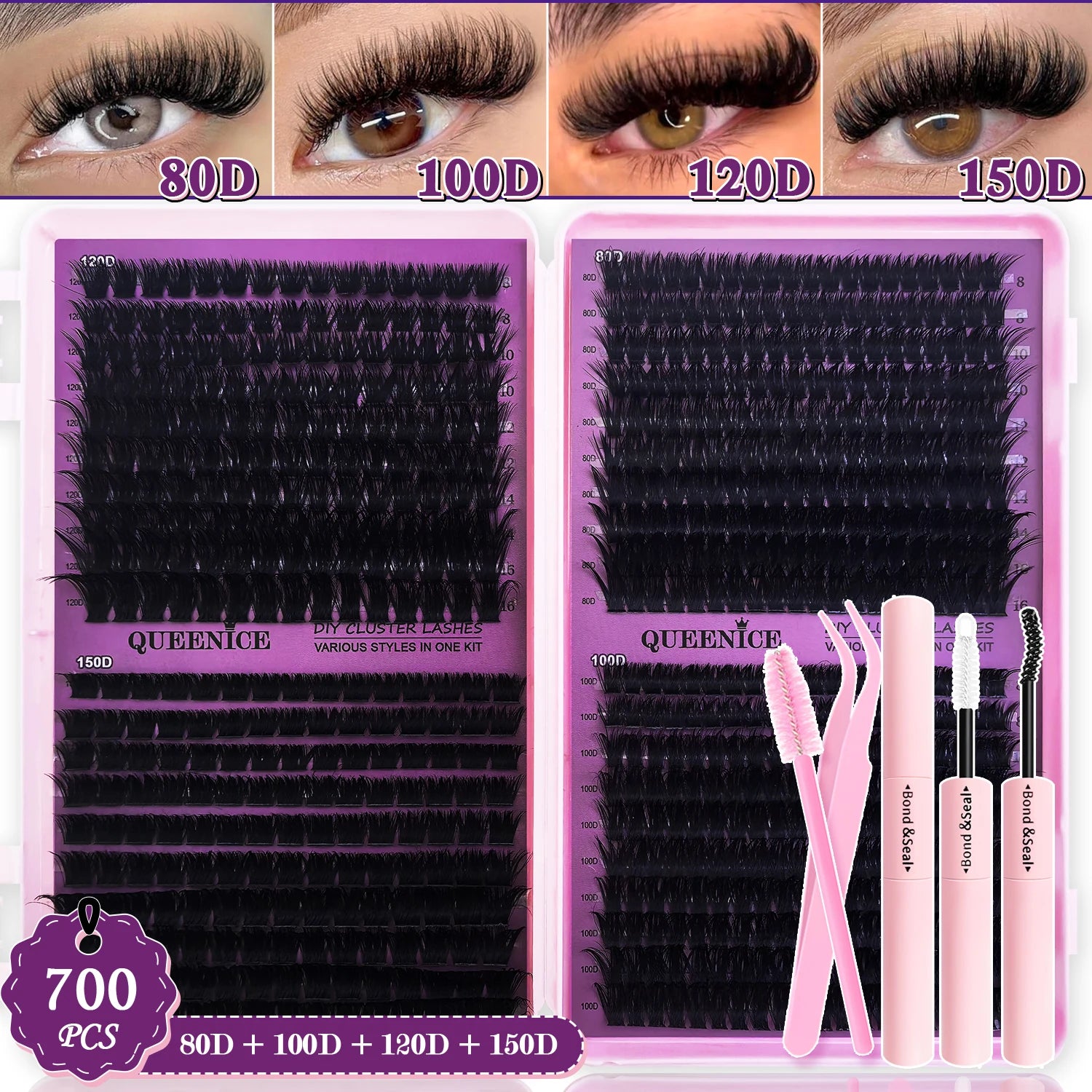 Kit d’extensions de cils DIY en bouquets – Faux cils individuels à poser soi-même, longueurs de 9 à 16 mm. Effet léger et naturel (wispy). Kit complet incluant colle (bond) et fixateur (seal) pour une meilleure tenue des cils