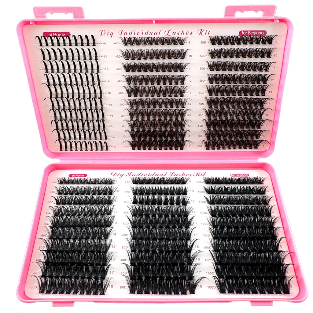 Faux cils en grappes individuelles Spikes 40/50/60/80/100D MIX – Lot de 580 pièces de faux cils épais, volumineux et effilés (wispy), avec une courbure D de 0,07 mm. Longueurs mélangées de 9 à 18 mm pour un effet naturel ou glamour selon le style souhaité