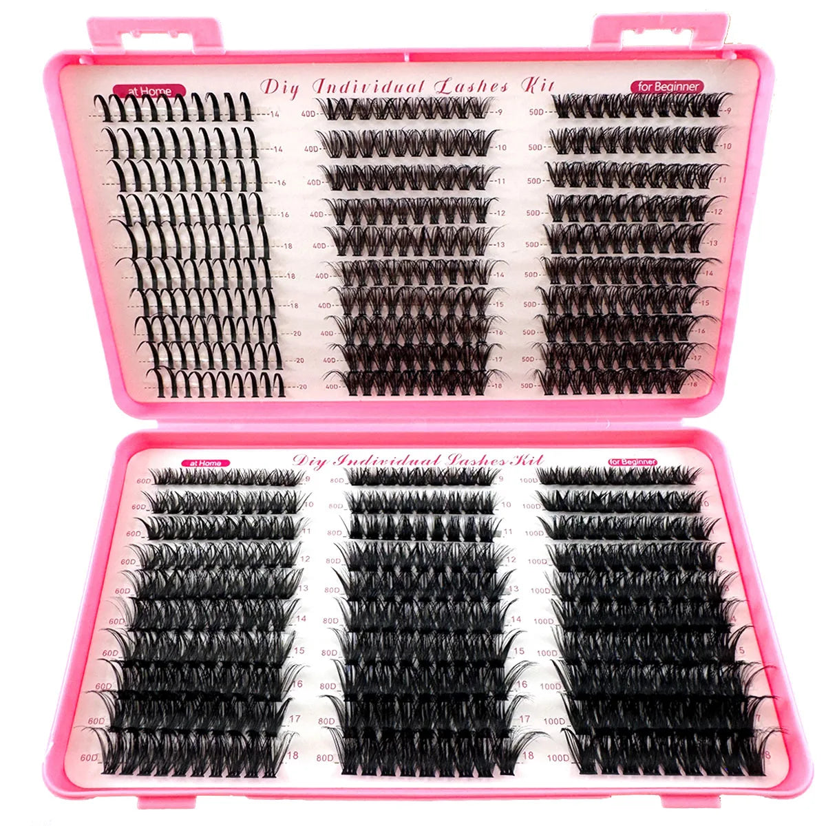Faux cils en grappes individuelles Spikes 40/50/60/80/100D MIX – Lot de 580 pièces de faux cils épais, volumineux et effilés (wispy), avec une courbure D de 0,07 mm. Longueurs mélangées de 9 à 18 mm pour un effet naturel ou glamour selon le style souhaité