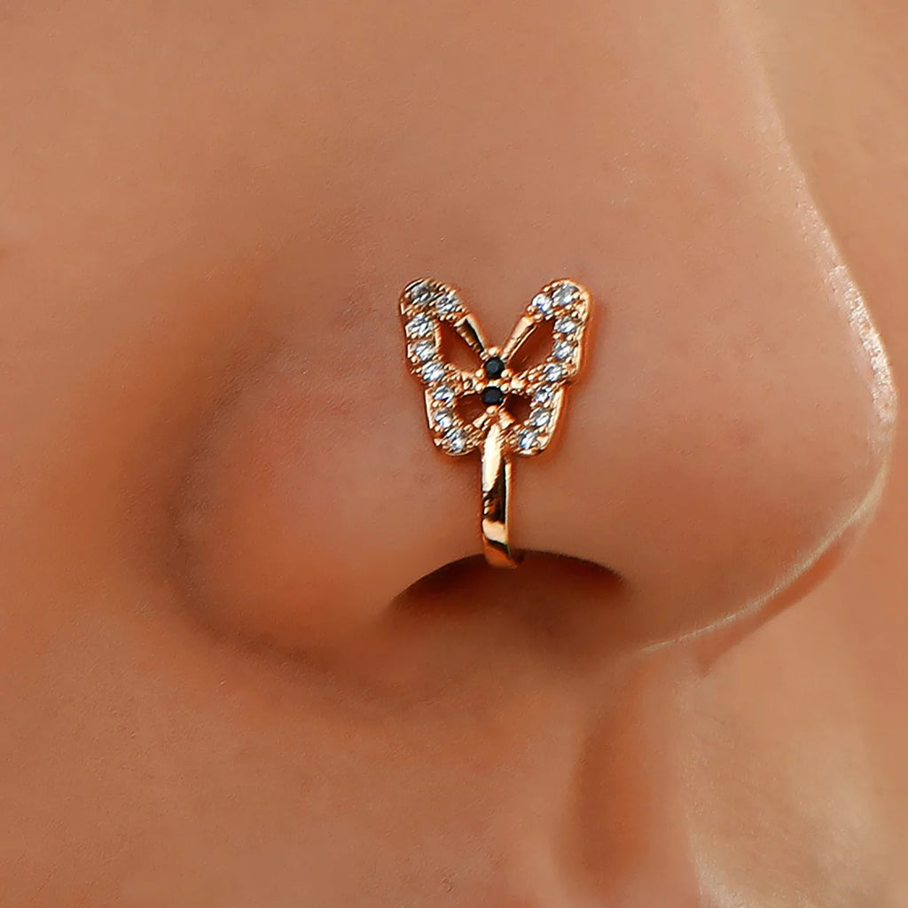 Anneau de nez papillon Egirl, faux piercing, manchette de nez moderne à clipser, ensemble de bijoux, accessoire papillon en cristal étincelant, esthétique