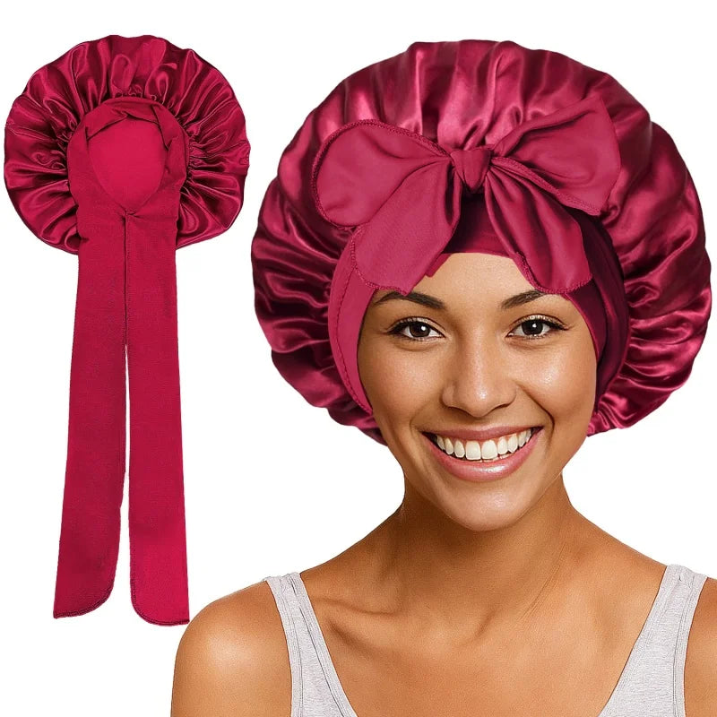 Nouveau bonnet de nuit en satin uni avec bande élastique extensible à nouer pour femmes, bonnet de douche ajustable, bonnet/turban pour couvrir les cheveux.