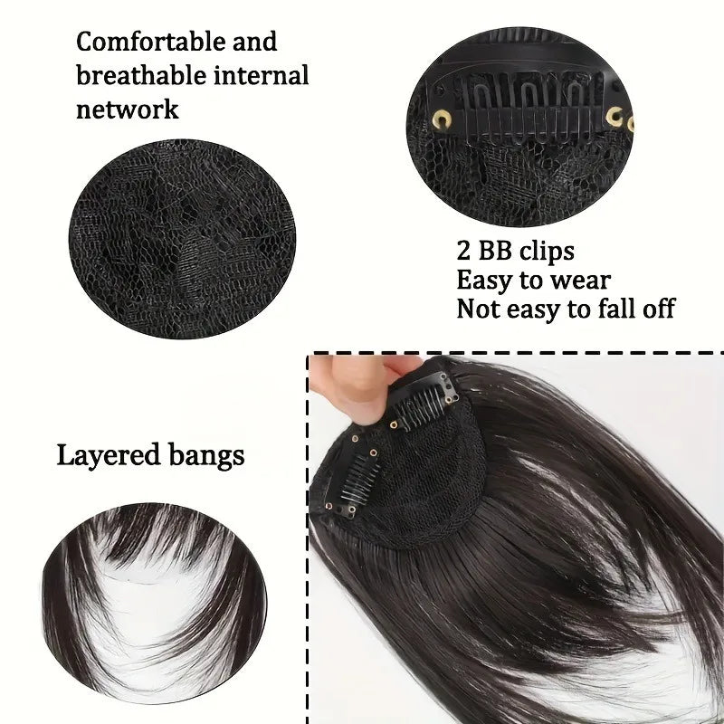 Frange à clipser en cheveux synthétiques, frange vaporeuse coupée avec favoris, aspect naturel marron foncé pour femmes, tenue de fête quotidienne